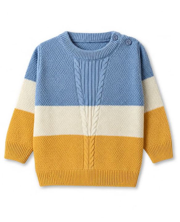 Babyhug Knit Full Sleeves Striped Sweater Set - Yellow & Blue