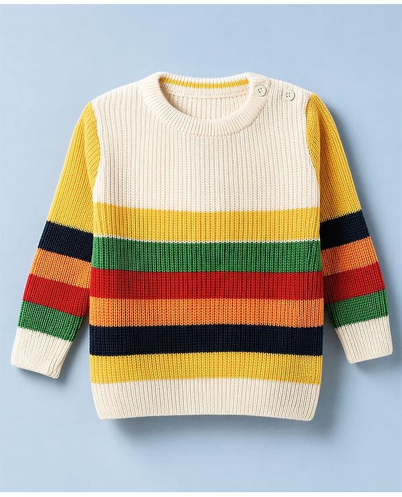 Babyhug Knit Full Sleeves Striped Sweater Set - Offwhite