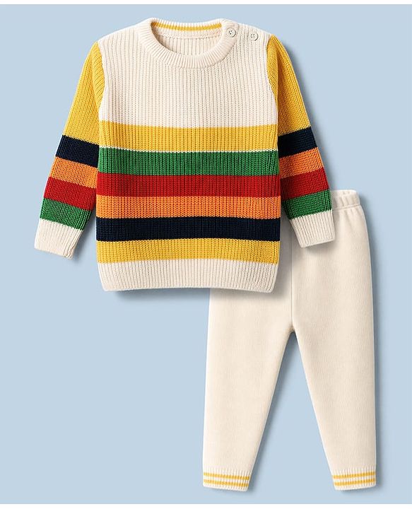 Babyhug Knit Full Sleeves Striped Sweater Set - Offwhite