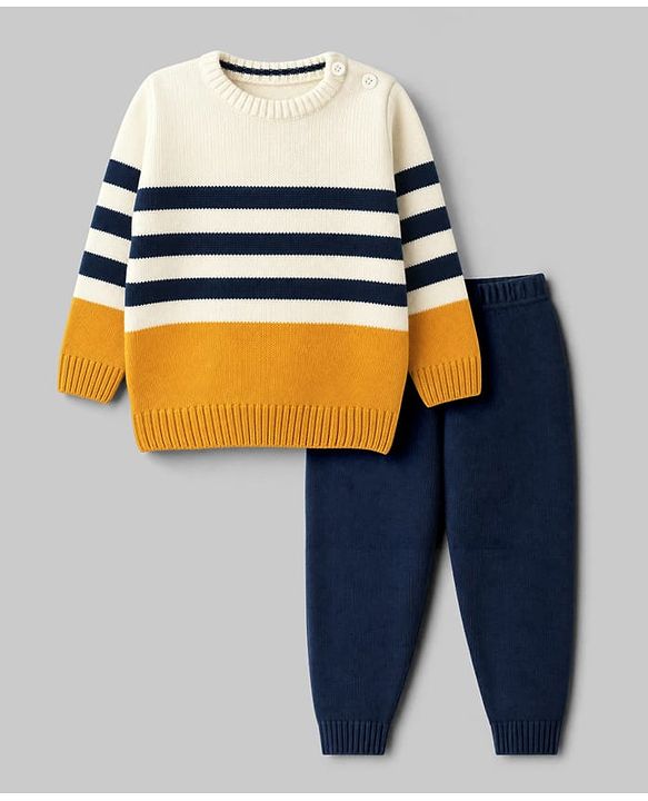 Babyhug Knit Full Sleeves Striped Sweater Set - Yellow