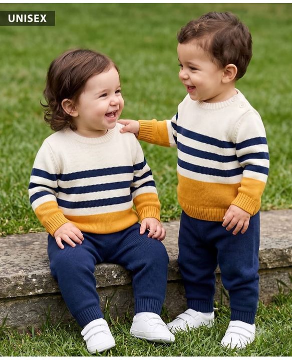 Babyhug Knit Full Sleeves Striped Sweater Set - Yellow