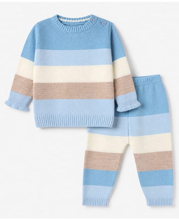 Babyhug Knit Full Sleeves Sweater Set with Striped Print in Blue