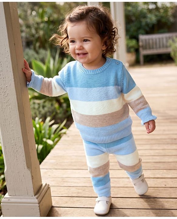 Babyhug Knit Full Sleeves Sweater Set with Striped Print in Blue