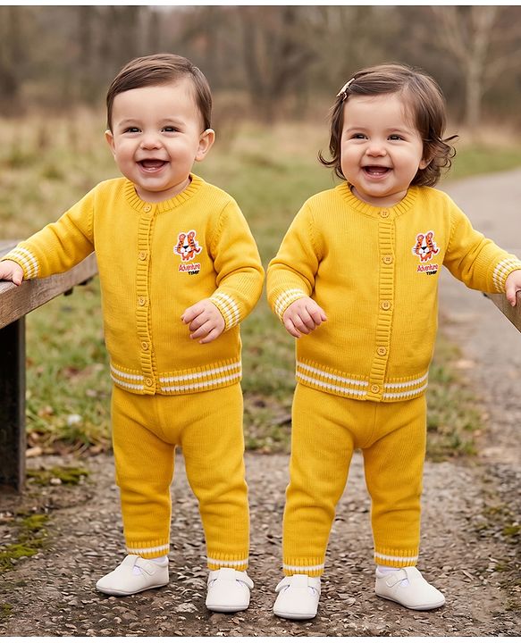 Babyhug Knit Full Sleeves Sweater Set with Tiger Patch - Yellow