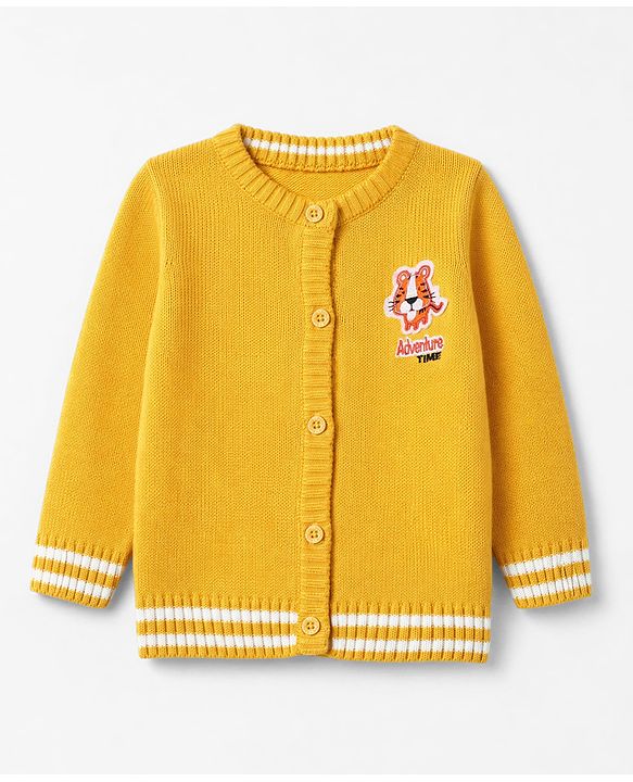 Babyhug Knit Full Sleeves Sweater Set with Tiger Patch - Yellow