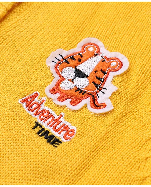 Babyhug Knit Full Sleeves Sweater Set with Tiger Patch - Yellow