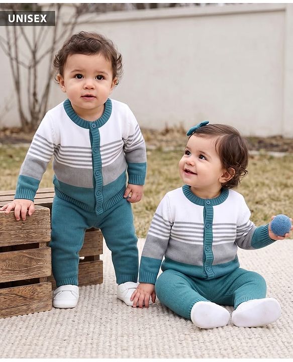 Babyhug Knit Full Sleeves Striped Sweater Set - Teal Blue
