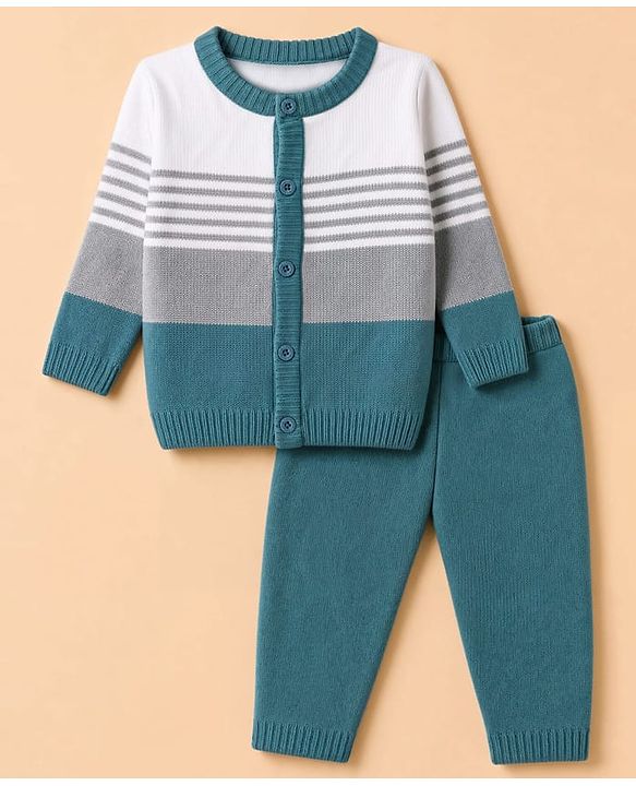 Babyhug Knit Full Sleeves Striped Sweater Set - Teal Blue