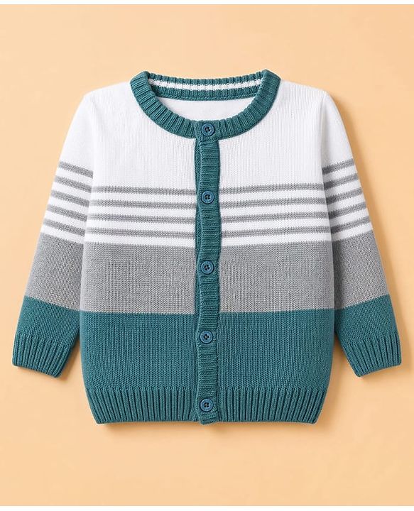 Babyhug Knit Full Sleeves Striped Sweater Set - Teal Blue