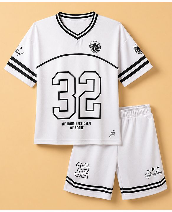 Pine Active Knit Half Sleeves T-Shirt and Shorts With Text Print in White