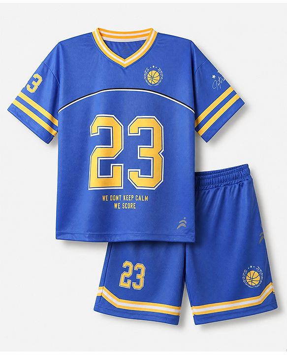 Pine Active Knit Half Sleeves T-Shirt and Shorts With Number Print in Blue