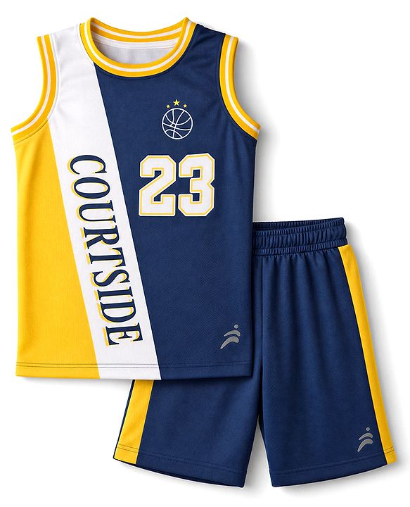 Pine Active Cotton Knit Sleeveless T-shirt & Shorts Set With Text Print - Blue