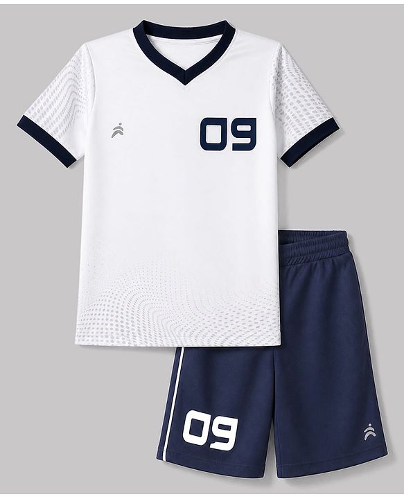 Pine Active Half Sleeves T-Shirt & Short Set Numeric Print - White & Navy Blue
