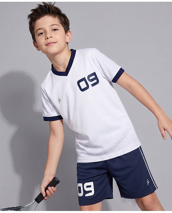 Pine Active Half Sleeves T-Shirt & Short Set Numeric Print - White & Navy Blue