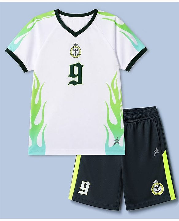Pine Active Cotton Mixes Knit Half Sleeves T-shirt & Shorts Set With Football Club Text Print - White & Green
