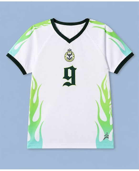 Pine Active Cotton Mixes Knit Half Sleeves T-shirt & Shorts Set With Football Club Text Print - White & Green