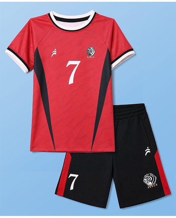 Pine Active Cotton Mixes Knit Half Sleeves T-shirt & Shorts Set With Korea Text Print - Red & Black