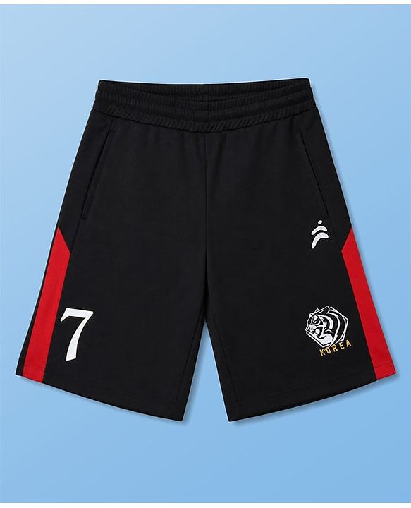 Pine Active Cotton Mixes Knit Half Sleeves T-shirt & Shorts Set With Korea Text Print - Red & Black