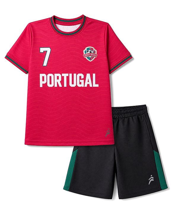 Pine Active Cotton Knit Half Sleeves T-Shirt & Shorts Set With Text Print - Red