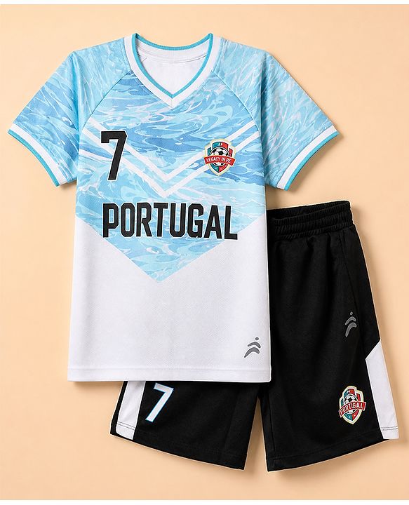 Pine Active Cotton Mix Knit Half Sleeves T-Shirt & Shorts Set With Text Print - Light Blue & Black