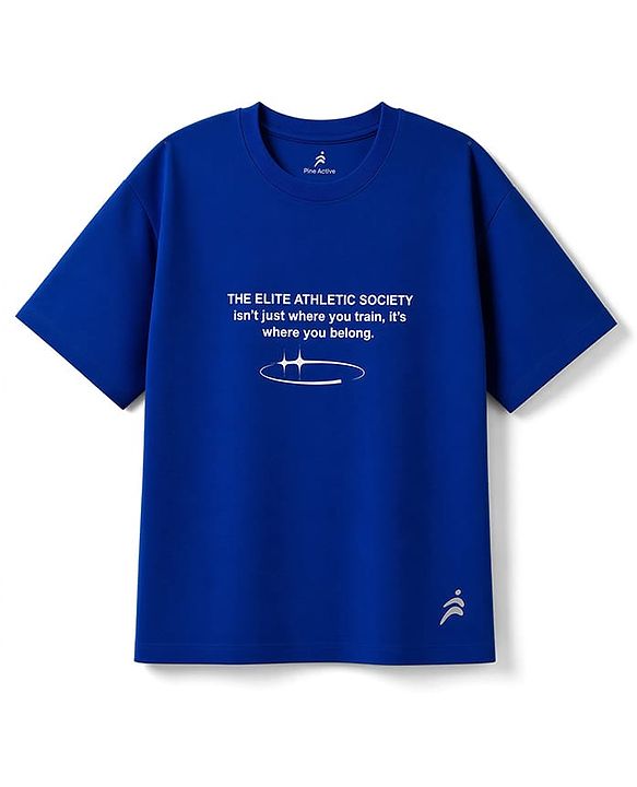 Pine Active Knit Half Drop Shoulder Sleeves Text Printed T-Shirt - Blue