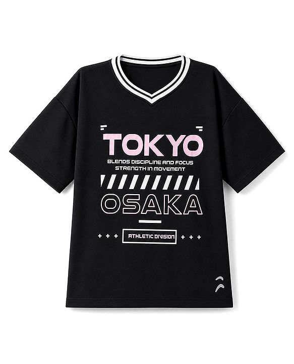 Pine Active Cotton Knit Half Sleeves T-Shirt With Text Print - Black