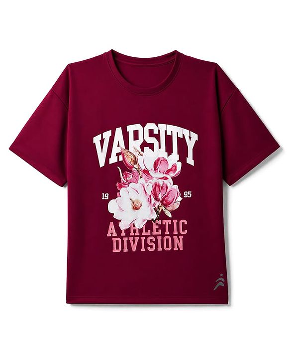 Pine Active Knit Half Sleeves T-Shirt with Floral & Varsity Print -  Maroon