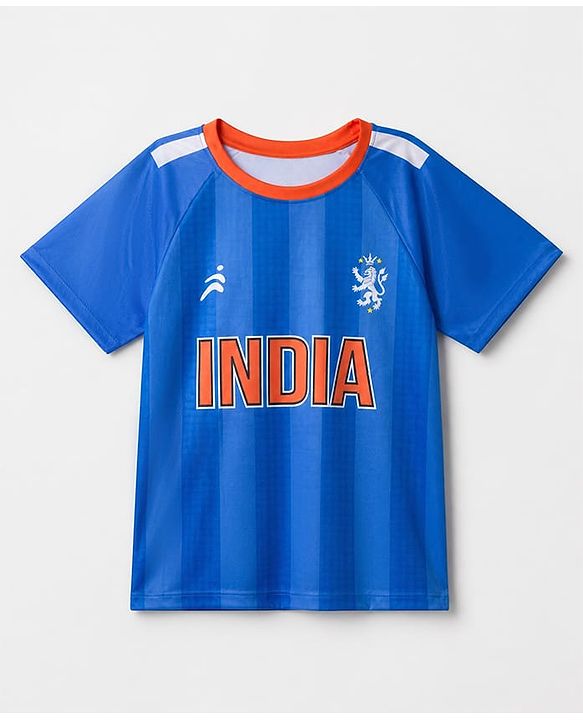 Pine Active Cotton Mixes Knit Half Sleeves T-Shirt With India Text Print - Blue