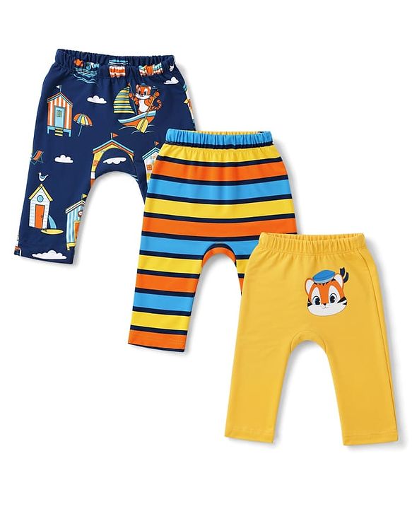 Babyhug 100% Cotton Interlock Knit Full Length Striped Diaper Leggings with Animal Print Pack of 3 - Yellow, Navy Blue & Red
