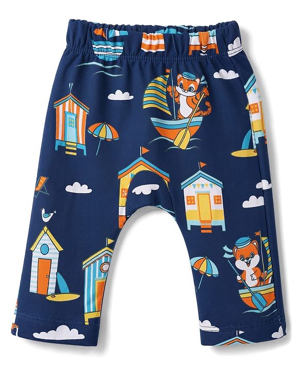 Babyhug 100% Cotton Interlock Knit Full Length Striped Diaper Leggings with Animal Print Pack of 3 - Yellow, Navy Blue & Red