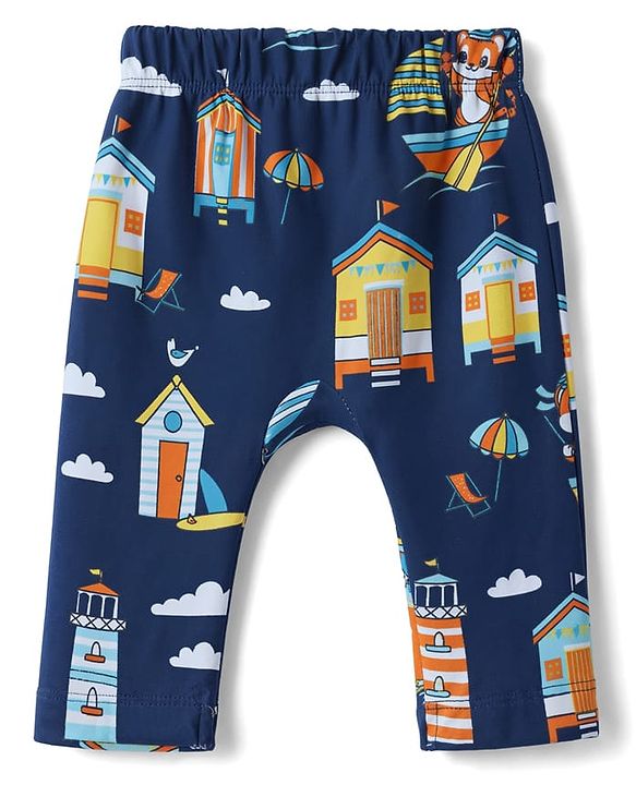 Babyhug 100% Cotton Interlock Knit Full Length Striped Diaper Leggings with Animal Print Pack of 3 - Yellow, Navy Blue & Red
