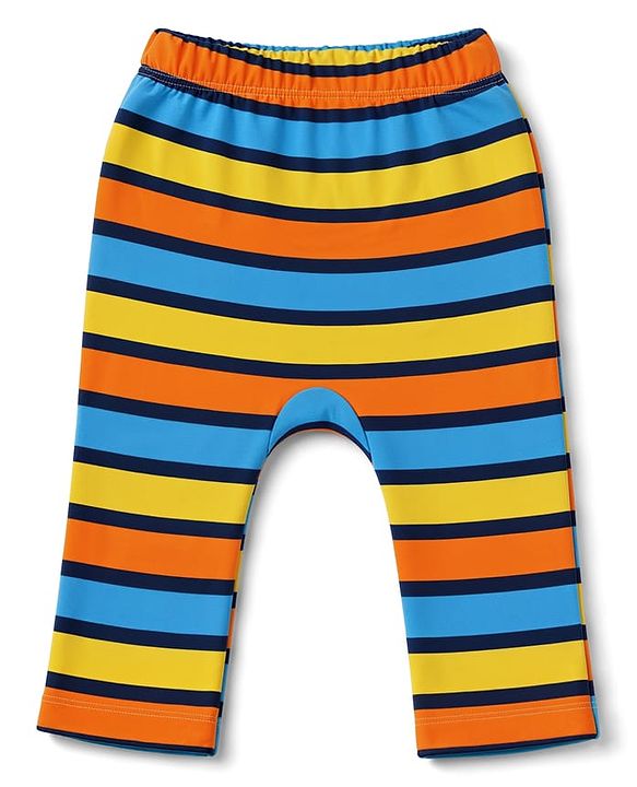 Babyhug 100% Cotton Interlock Knit Full Length Striped Diaper Leggings with Animal Print Pack of 3 - Yellow, Navy Blue & Red