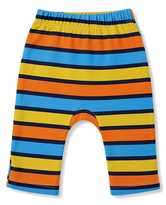 Babyhug 100% Cotton Interlock Knit Full Length Striped Diaper Leggings with Animal Print Pack of 3 - Yellow, Navy Blue & Red