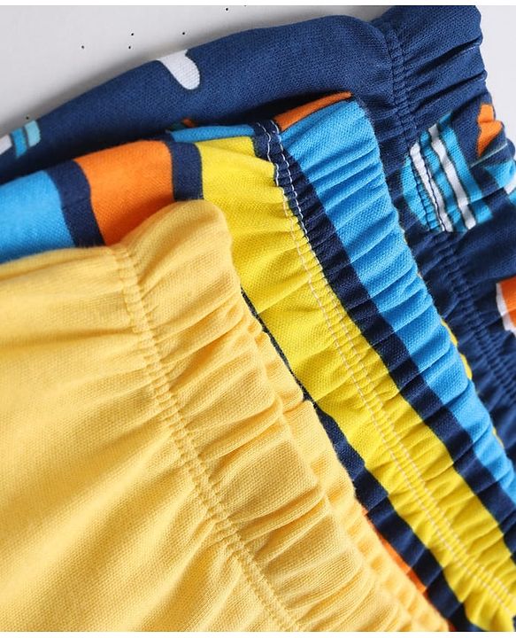 Babyhug 100% Cotton Interlock Knit Full Length Striped Diaper Leggings with Animal Print Pack of 3 - Yellow, Navy Blue & Red