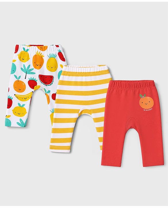 Babyhug 100% Cotton Interlock Knit Full Length Striped Diaper Leggings With Fruit Print Pack of 3 - Yellow, White & Red