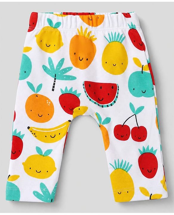 Babyhug 100% Cotton Interlock Knit Full Length Striped Diaper Leggings With Fruit Print Pack of 3 - Yellow, White & Red