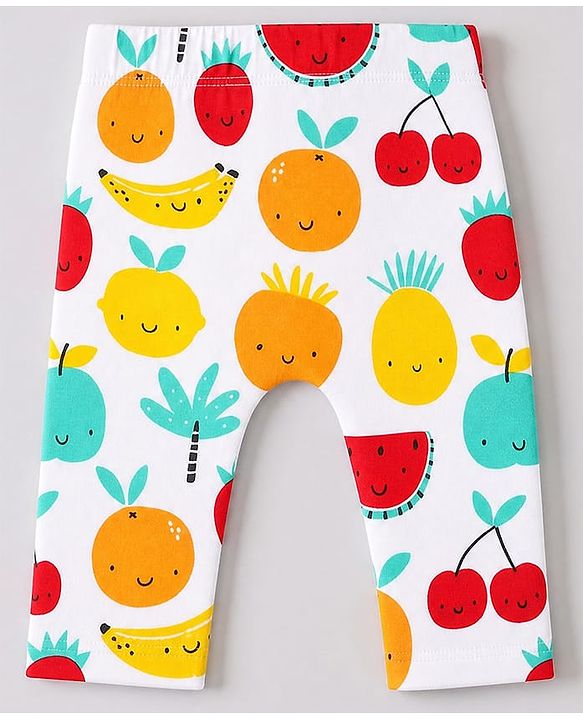 Babyhug 100% Cotton Interlock Knit Full Length Striped Diaper Leggings With Fruit Print Pack of 3 - Yellow, White & Red