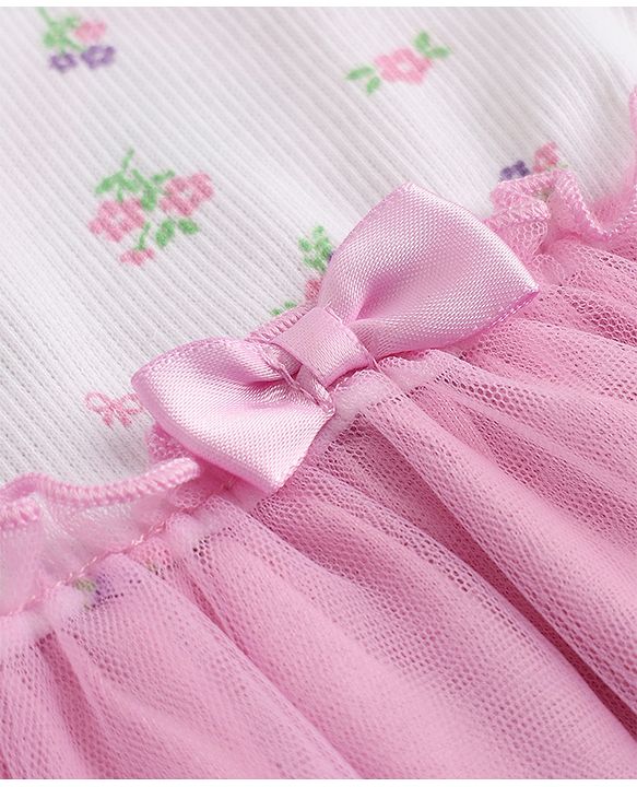 Babyhug Mesh Knit Frock with Bloomer with Half Sleeves and Floral Print in Pink for New born
