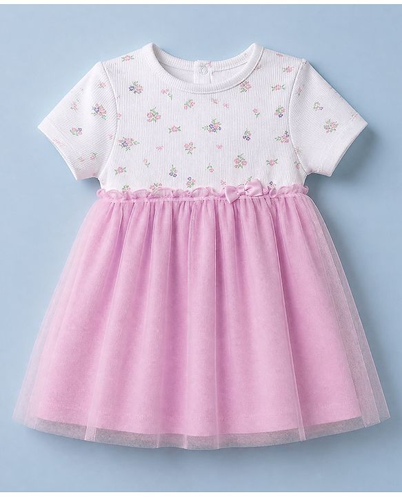 Babyhug Mesh Knit Frock with Bloomer with Half Sleeves and Floral Print in Pink for New born