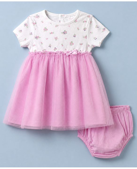 Babyhug Mesh Knit Frock with Bloomer with Half Sleeves and Floral Print in Pink for New born