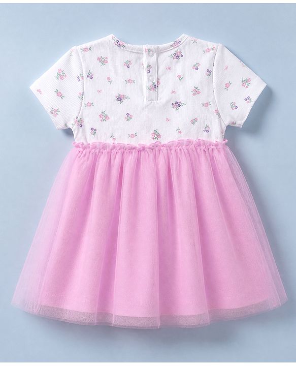 Babyhug Mesh Knit Frock with Bloomer with Half Sleeves and Floral Print in Pink for New born