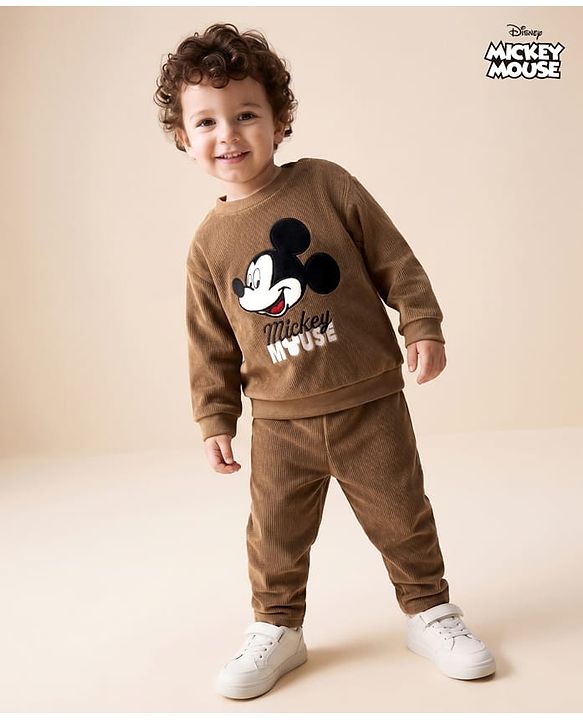 Babyhug Disney Fleece Knit Full Sleeves Winter Wear Suit With Mickey Mouse Embroidery - Brown
