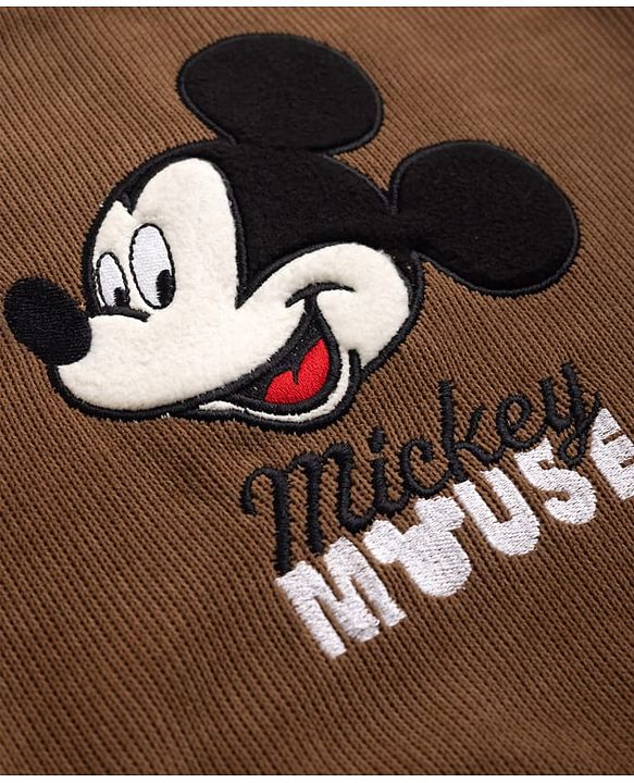 Babyhug Disney Fleece Knit Full Sleeves Winter Wear Suit With Mickey Mouse Embroidery - Brown