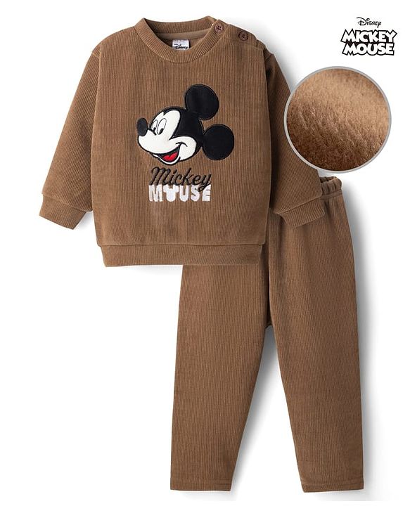 Babyhug Disney Fleece Knit Full Sleeves Winter Wear Suit With Mickey Mouse Embroidery - Brown