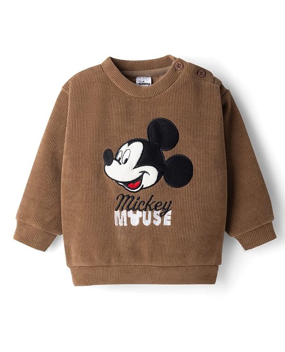 Babyhug Disney Fleece Knit Full Sleeves Winter Wear Suit With Mickey Mouse Embroidery - Brown