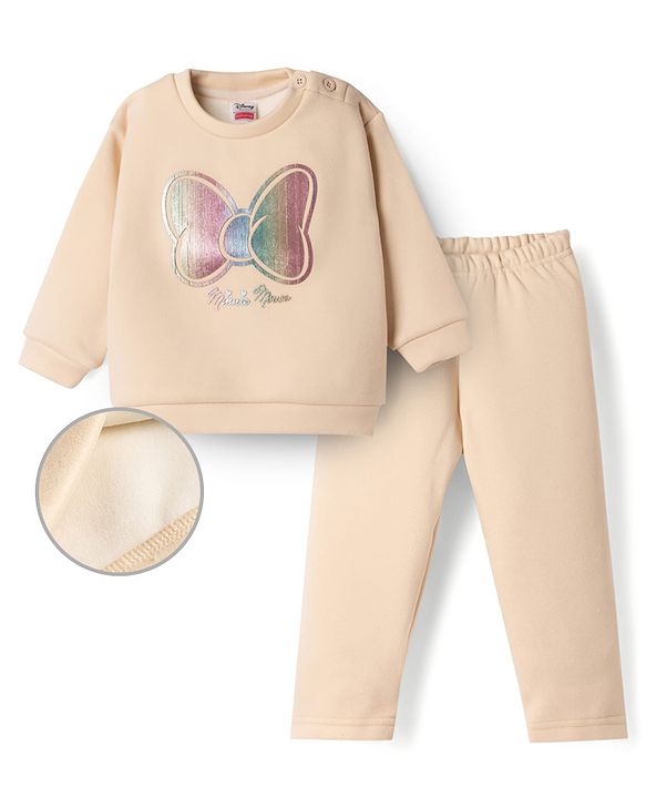 Babyhug Disney Fleece Knit Full Sleeves Winter Wear Suit With Minnie Mouse Foil Print- OffWhite