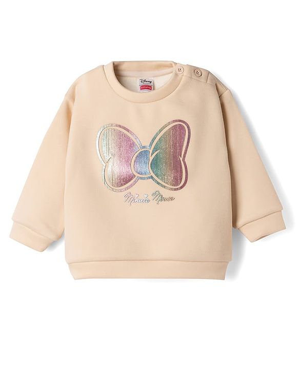 Babyhug Disney Fleece Knit Full Sleeves Winter Wear Suit With Minnie Mouse Foil Print- OffWhite