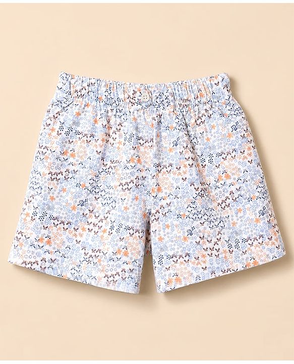 Babyhug 100% Cotton Jersey Knit Mid Thigh Shorts With Floral & Text Print Pack of 3 - White, Peach & Light Blue