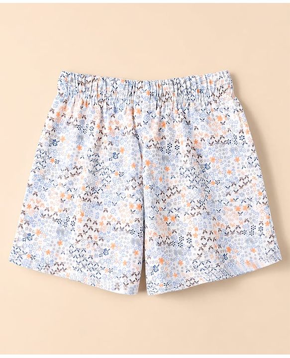 Babyhug 100% Cotton Jersey Knit Mid Thigh Shorts With Floral & Text Print Pack of 3 - White, Peach & Light Blue