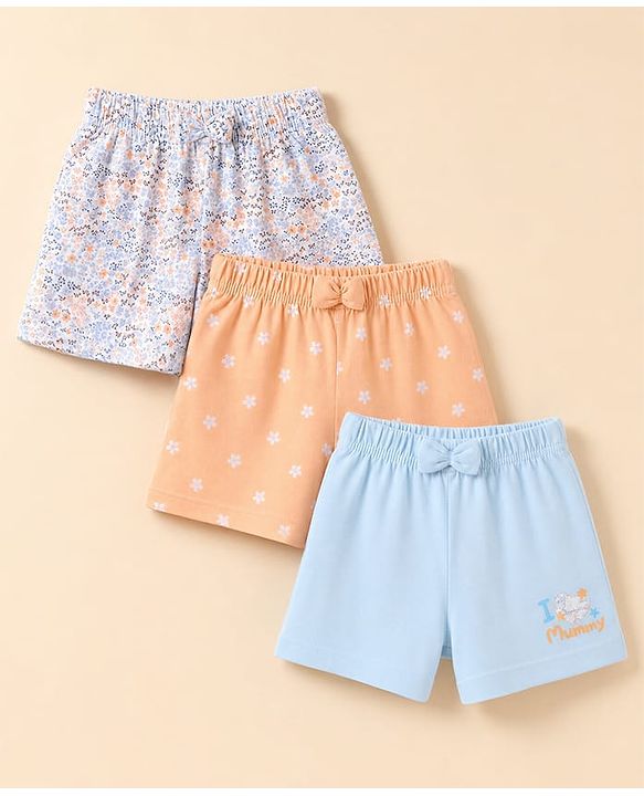 Babyhug 100% Cotton Jersey Knit Mid Thigh Shorts With Floral & Text Print Pack of 3 - White, Peach & Light Blue
